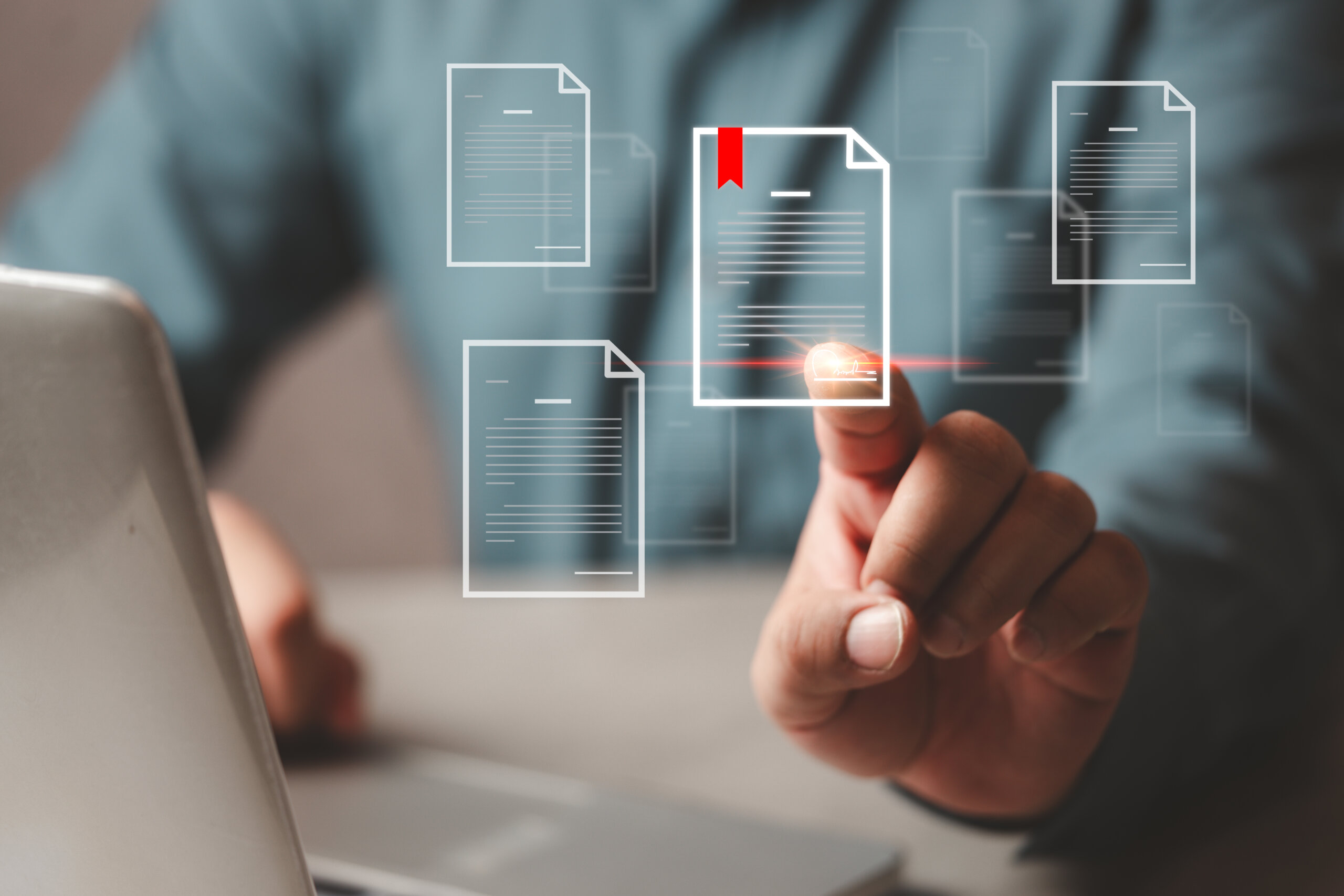  Businessmen check electronic binders important documents on digital documents on virtual screen Document Management System and process automation to efficiently document paperless operate