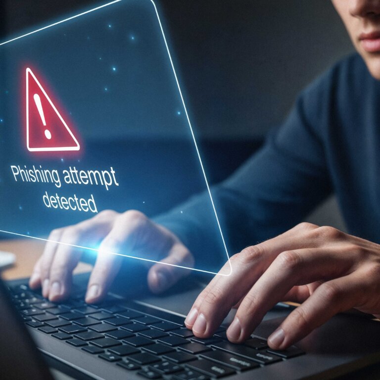 A man typing on a computer with an alert for a phishing attempt popping up.